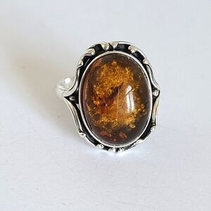 Vintage Boho Sterling Silver Orange Baltic Amber Cabochon Ring 8